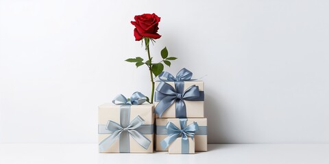 Red rose and gift boxes isolated on white, floral arrangement for special occasions