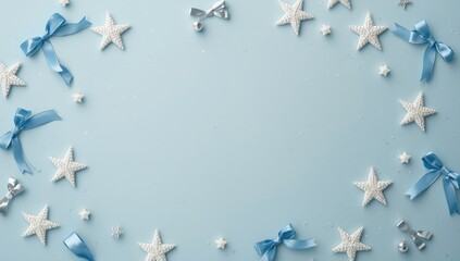 Closeup of holiday ornaments including white star-shaped decorations and blue bows arranged on a light blue background for seasonal decor