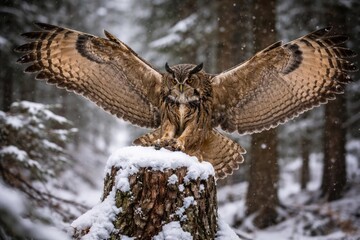 Obraz premium Forest action of an eagle owl alighting on a snow coated tree stump