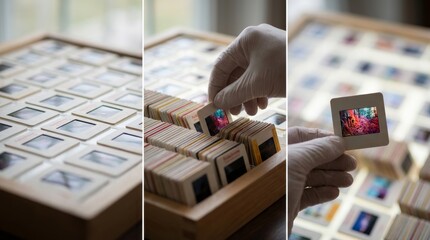 Gloved hand carefully selects a vintage photographic slide from a large collection in a wooden box, examining the colorful image over a lightbox in a triptych view