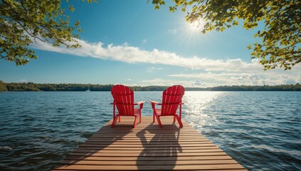 Pair of red Adirondack chairs placed on a lakeside dock during sunny weather, ideal for editorial header backgrounds