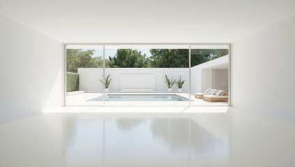 Open-plan living area with large windows and doors in neutral tones, featuring a pool patio view for a spacious ambiance