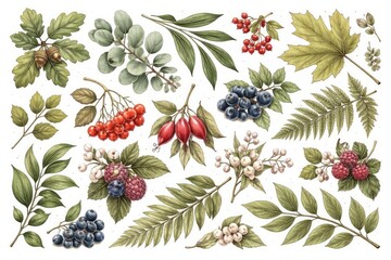 detailed botanical sketch with various leaves and berries over a clean white background