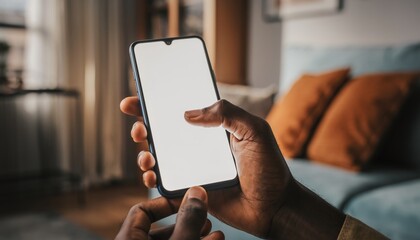 Dark-skinned hands holding modern black smartphone with a blank white screen, interacting with it in a cozy, blurred living room setting, perfect for copy space
