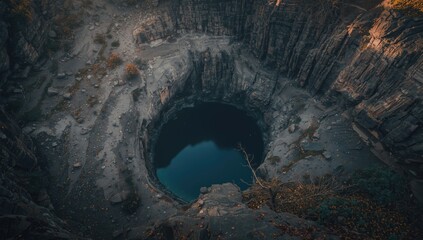Birds-eye view of a dark, water-filled sinkhole amidst steep cliffs and scattered foliage, highlighting geological erosion