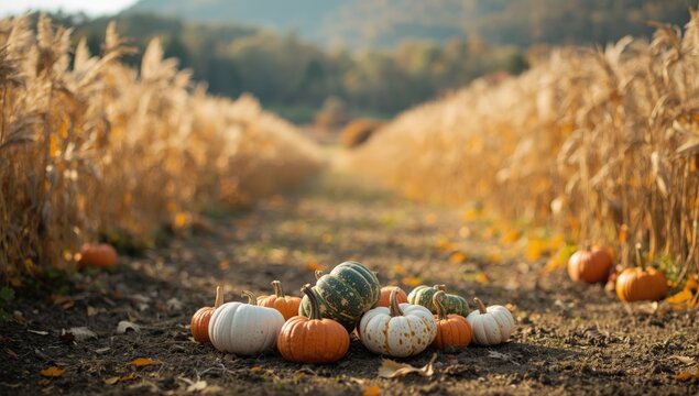Pumpkins in shades of white, green, and orange scattered on the ground in a fall pumpkin patch, seasonal harvest landscape