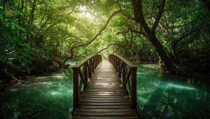 Obraz premium Natural forest scene with a wooden bridge, highlighting ecological connectivity