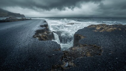 Coastal waves impacting infrastructure, erosion hazard on roadway