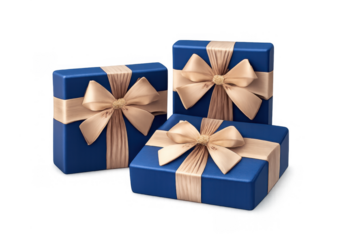 Blue gift boxes with golden ribbons for celebrations, holidays, birthdays, luxury gifting, and special occasions