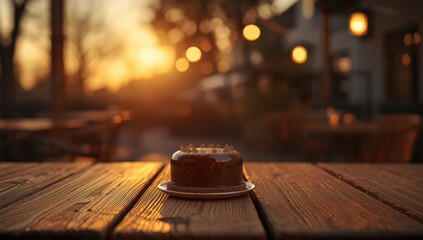 Outdoor cafe with chocolate dessert during sunset, highlighting leisure and sweet treats, World Food Day