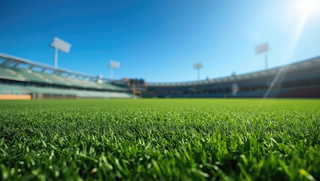 Bright blue sky over lush grass at a contemporary baseball stadium, suitable as a background for layout, Earth Day