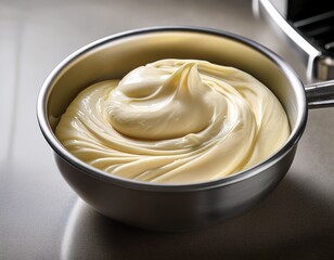 creamy texture of smooth light colored spread in a mixing bowl at a kitchen counter