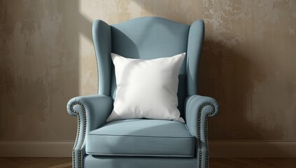 White pillow cover placed on a wingback chair tailored for print on demand, focusing on textile surface and design flexibility