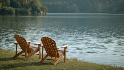 Fototapeta premium Pair of wooden lounge chairs placed by a peaceful lake, suitable for leisure and outdoor activities