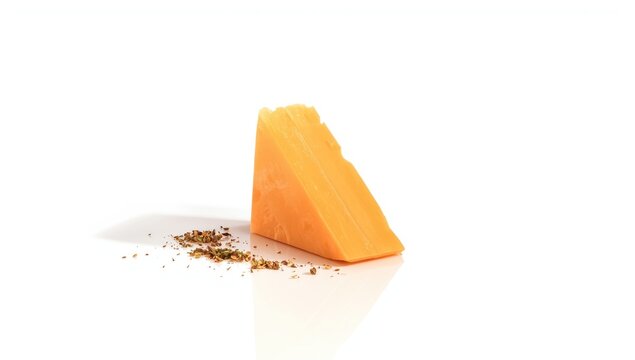 Cheese block isolated on white background, emphasizing dairy product handling and quality control in food preparation