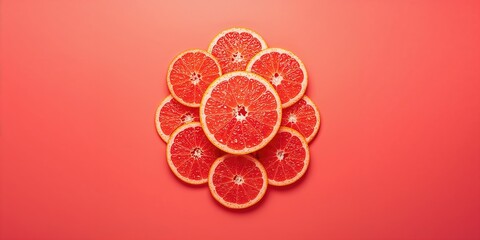 Ripe grapefruit slices arranged on a vibrant surface, suitable as a fresh fruit display for food photography