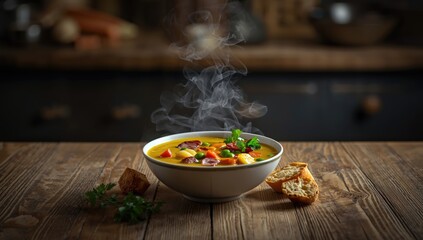 Pea soup with smoked meats presented in a rustic setting, emphasizing flavor profile for food preparation