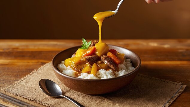 A bowl of Japanese curry rice containing potatoes carrots onions and beef, highlighting rich flavors and ingredients, World Curry Day