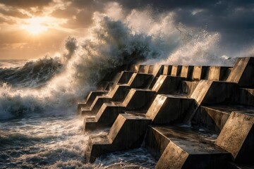 Geometric concrete seawall with powerful ocean waves smashing from behind