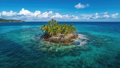Fototapeta premium Birds eye of Cerro Gordo seaside village in Puerto Rico, palm-lined rocky promontory blending into clear waters, picturesque cove, Earth Day