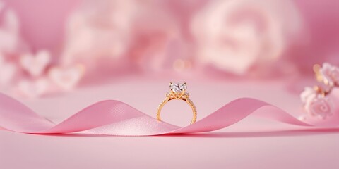Gold engagement ring with gemstone set against a soft pastel backdrop and pink ribbon, focusing on jewelry display for special occasions