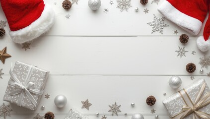 Flat lay of wrapped presents and pine cones on white surface, festive Christmas theme, winter holidays