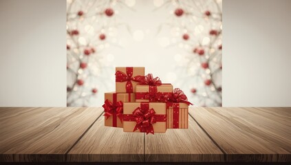 Christmas gift boxes displayed on rustic wood surface, focused on festive packaging and holiday tradition