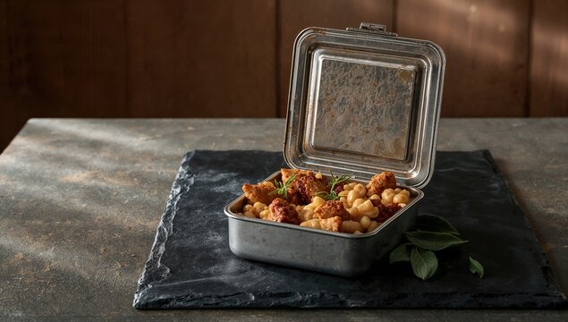 Traditional Catalan dish with sausage and white beans stored in an old metal lunch box on slate surface, highlighting regional food heritage