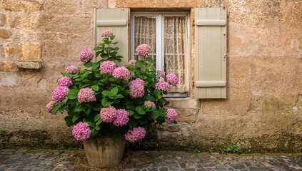 Pink hydrangea bush in wooden pot outside an aged stone house with lace curtains and metal shutters, used as a floral accent in outdoor decor, Earth Day