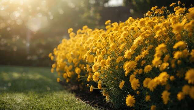 Australian native flora featuring a golden daisy bush with buds, garden setting, seasonal flowering, Earth Day