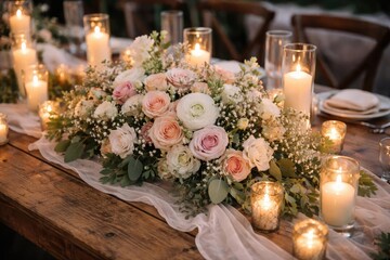 Obraz premium Natural wood wedding table focal decoration with fragrant flowers and candle illumination