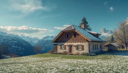 Fototapeta premium European Alps setting with a traditional Bavarian style farmhouse, ideal for editorial header backgrounds
