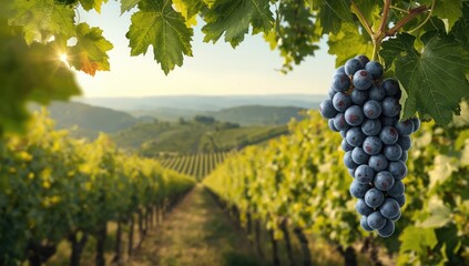 Vivid blue grapes on vines in a rural vineyard setting highlighting seasonal fruit development and agricultural practices
