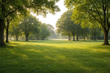 Obraz premium Peaceful park in the morning with vibrant green grass and tree clusters and copy space