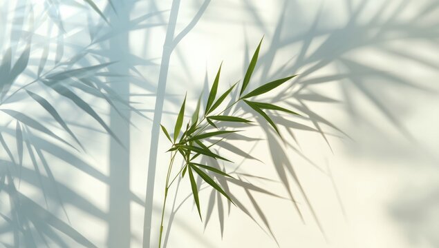 Bamboo branch with leaves cast as a transparent shadow on a translucent surface, ideal for editorial header background