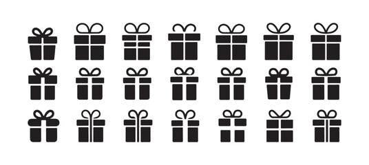 Gift Box and Heart Solid Icons Set, Black Present Symbols Collection. vector illustration eps 10