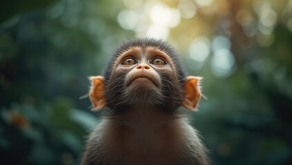 Aotus trivirgatus, a northern night monkey, gazing upward with inquisitiveness, highlighting nocturnal animal activity