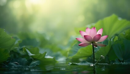 Single pink lotus blossom on leafy background, used as a botanical illustration