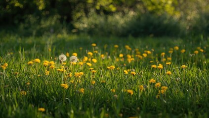 Fototapeta premium Springtime scene with yellow dandelions covering a lush green meadow, suitable for nature-themed layouts