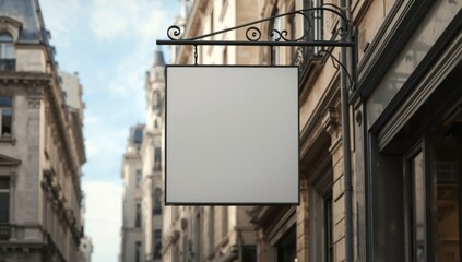 Empty signboard suspended from wrought iron bracket with classic building facades in the background, urban signage