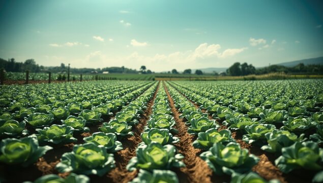 Young cabbage crops in a cultivated field under sunlight, highlighting farming activities and crop management