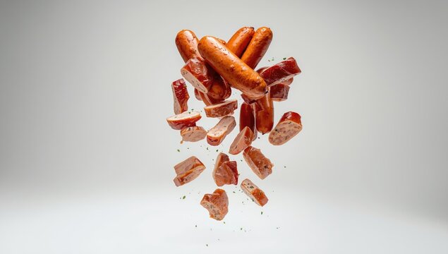 Whole and sliced boiled sausages, emphasizing processing and cleanliness, isolated on white background