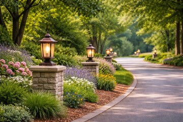 Obraz premium Daytime view of garden lights along a quiet road
