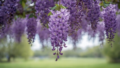 Detailed view of a wisteria tree with hanging clusters of purple blossoms, ideal for floral pattern or layout