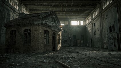 Derelict military facilities, deteriorated walls and overgrown surroundings, urban preservation concern