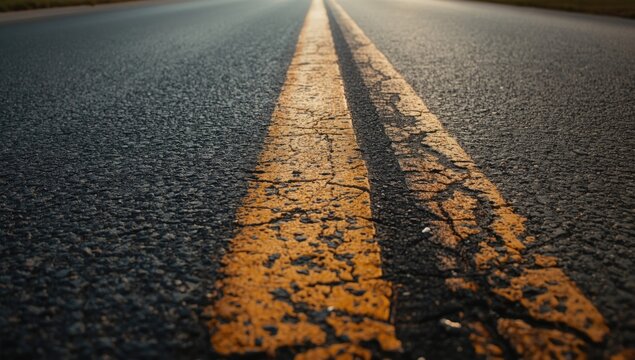 Detailed view of asphalt pavement showing surface roughness and cracks, useful for infrastructure maintenance visuals - Powered by Adobe