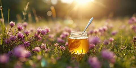 Heather flowers paired with a honey jar and spoon, highlighting natural food ingredients and harvesting process