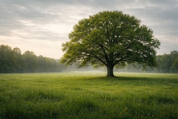 Fototapeta premium Calm environment with one tree in full view on a dense green meadow under muted sky conditions