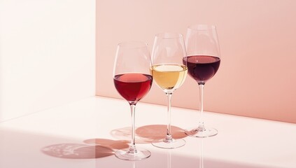 Set of three wine glasses containing different types of wine against a clean, bright backdrop, suitable for layout design