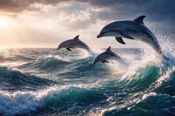 Obraz premium Jolly dolphins jumping amid ocean swells with copyspace for text
